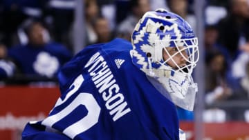 TORONTO, ON - APRIL 15: Michael Hutchinson #30 of the Toronto Maple Leafs during warm up before Game Three of the Eastern Conference First Round during the 2019 NHL Stanley Cup Playoffs at the Scotiabank Arena on April 15, 2019 in Toronto, Ontario, Canada. (Photo by Kevin Sousa/NHLI via Getty Images)