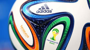 Jun 25, 2014; Recife, BRAZIL; Detaied view of the FIFA World Cup logo on an official Adidas soccer ball during USA team training at Arena Pernambuco. Mandatory Credit: Mark J. Rebilas-USA TODAY Sports
