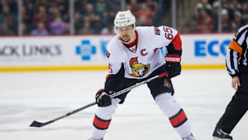 Mar 31, 2016; Saint Paul, MN, USA; Ottawa Senators defenseman Erik Karlsson (65) in the first period against the Minnesota Wild at Xcel Energy Center. the Ottawa Senators beat the Minnesota Wild 3-2. Mandatory Credit: Brad Rempel-USA TODAY Sports