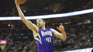 Feb 8, 2016; Cleveland, OH, USA; Sacramento Kings center Kosta Koufos (41) rebounds in the fourth quarter against the Cleveland Cavaliers at Quicken Loans Arena. Mandatory Credit: David Richard-USA TODAY Sports