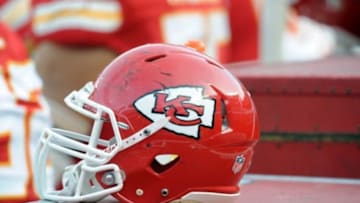 Dec 2, 2012; Kansas City, MO, USA; A Kansas City Chiefs helmet on the sidelines against the Carolina Panthers in the second half at Arrowhead Stadium. Kansas City won the game 27-21. Mandatory Credit: John Rieger-USA TODAY Sports