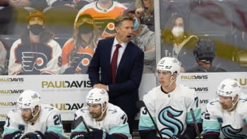 Oct 18, 2021; Philadelphia, Pennsylvania, USA; Seattle Kraken head coach Dave Hakstol during the third period against the Philadelphia Flyers at Wells Fargo Center. Mandatory Credit: Bill Streicher-USA TODAY Sports