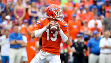 GAINESVILLE, FL - SEPTEMBER 30: Feleipe Franks #13 of the Florida Gators drops back to pass during a game against the Vanderbilt Commodores at Ben Hill Griffin Stadium on September 30, 2017 in Gainesville, Florida. (Photo by Logan Bowles/Getty Images)