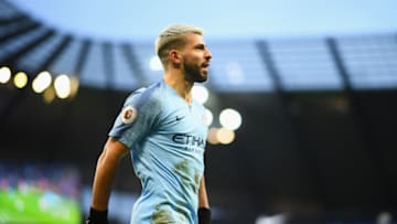 MANCHESTER, ENGLAND - FEBRUARY 03: Sergio Aguero of Manchester City celebrates after scoring his team's first goal during the Premier League match between Manchester City and Arsenal FC at Etihad Stadium on February 3, 2019 in Manchester, United Kingdom. (Photo by Clive Mason/Getty Images)
