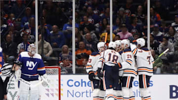 NEW YORK, NEW YORK - OCTOBER 08: James Neal #18 of the Edmonton Oilers scores his hat-trick goal on the power-play at 6:31 of the third period against the New York Islanders at NYCB's LIVE Nassau Coliseum on October 08, 2019 in Uniondale, New York. (Photo by Bruce Bennett/Getty Images)