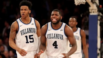 NEW YORK, NEW YORK - MARCH 15: Saddiq Bey #15 and Eric Paschall #4 of the Villanova Wildcats celebrate in the second half against the Xavier Musketeers during the semifinal round of the Big East Tournament at Madison Square Garden on March 15, 2019 in New York City. (Photo by Elsa/Getty Images)