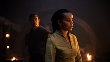 Pictured (L-R): Daniel Henney (Lan Mondragoran), Zoë Robins (Nynaeve al’Meara)