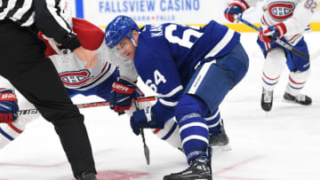 Toronto Maple Leafs forward David Kampf (64) wins a faceoff. Mandatory Credit: Dan Hamilton-USA TODAY Sports