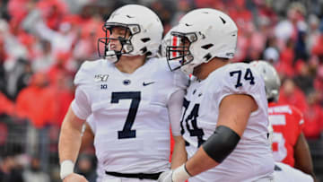 COLUMBUS, OH - NOVEMBER 23: Quarterback Will Levis #7 of the Penn State Nittany Lions celebrates with Steven Gonzalez #74 of the Penn State Nittany Lions after scoring on a 1-yard touchdown run in the third quarter against the Ohio State Buckeyes at Ohio Stadium on November 23, 2019 in Columbus, Ohio. Ohio State defeated Penn State 28-17. (Photo by Jamie Sabau/Getty Images)