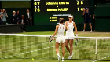 LONDON, ENGLAND - JULY 11: Johanna Konta of Great Britain and Simona Halep of Romania shakes hands after the Ladies Singles quarter final match on day eight of the Wimbledon Lawn Tennis Championships at the All England Lawn Tennis and Croquet Club on July 11, 2017 in London, England. (Photo by Michael Steele/Getty Images)
