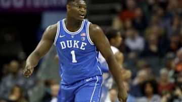 CHARLOTTE, NORTH CAROLINA - MARCH 15: Zion Williamson #1 of the Duke Blue Devils looks on against the North Carolina Tar Heels during their game in the semifinals of the 2019 Men's ACC Basketball Tournament at Spectrum Center on March 15, 2019 in Charlotte, North Carolina. (Photo by Streeter Lecka/Getty Images)