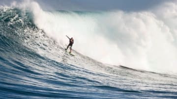 Fabian Campagnolo catches a wave at Dungeons, a famous surfing spot, close to Hout Bay, in Cape Town, on July 26, 2019. - This spot, which produces some of South Africa's biggest waves, needs a variety of conditions like wind, swell size, wave period and direction, that often follows storms, to produce huge waves on an offshore reef, which attracts and challenges the surfers. (Photo by RODGER BOSCH / AFP) (Photo credit should read RODGER BOSCH/AFP/Getty Images)