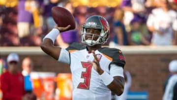 Aug 15, 2015; Minneapolis, MN, USA; Tampa Bay Buccaneers quarterback Jameis Winston (3) warms up prior to a preseason NFL football game against the Minnesota Vikings at TCF Bank Stadium. Mandatory Credit: Brace Hemmelgarn-USA TODAY Sports