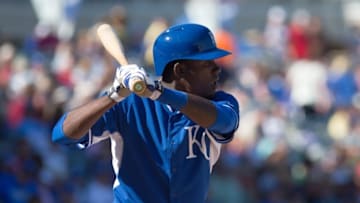 Mar 5, 2015; Surprise, AZ, USA; Kansas City Royals infielder Orlando Calixte (16) at bat in the sixth inning during a spring training baseball game against the Texas Rangers at Surprise Stadium. Mandatory Credit: Allan Henry-USA TODAY Sports