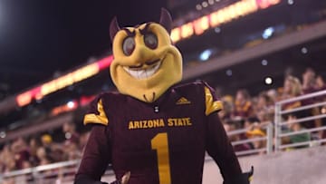Sep 24, 2016; Tempe, AZ, USA; Arizona State Sun Devils mascot Sparky looks on against the California Golden Bears at Sun Devil Stadium. The Sun Devils won 51-41. Mandatory Credit: Joe Camporeale-USA TODAY Sports