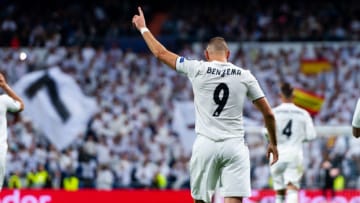 MADRID, SPAIN - OCTOBER 23: Karim Benzema, #9 of Real Madrid celebrates after scoring his team's first goal during the UEFA Champions League between Club Real Madrid and Viktoria Plzen at Santiago Bernabeu on October 23, 2018 in Madrid, Spain. (Photo by Sonia Canada/Getty Images)