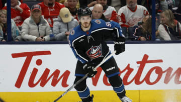 COLUMBUS, OH - DECEMBER 04: Jack Roslovic #96 of the Columbus Blue Jackets controls the puck during the game against the Detroit Red Wings at Nationwide Arena on December 4, 2022 in Columbus, Ohio. (Photo by Kirk Irwin/Getty Images)