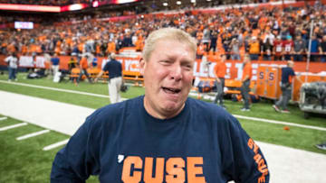 SYRACUSE, NY - OCTOBER 13: Bob Neideifer (Syracuse class of '79) is overcome with emotions he later explained 'I've never seen anything like this' regarding Syracuse upset victory over Clemson Tigers at the Carrier Dome on October 13, 2017 in Syracuse, New York. Syracuse defeats Clemson 27-24. (Photo by Brett Carlsen/Getty Images)