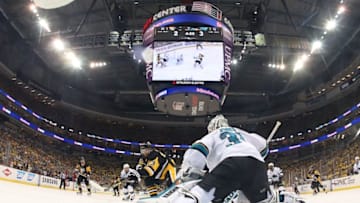 Jun 9, 2016; Pittsburgh, PA, USA; San Jose Sharks goalie Martin Jones (31) makes a save against Pittsburgh Penguins center Nick Bonino (13) in the second period game five of the 2016 Stanley Cup Final at Consol Energy Center. Mandatory Credit: Bruce Bennett/Pool Photo via USA TODAY Sports