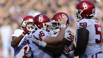 Oct 1, 2016; Fort Worth, TX, USA; Oklahoma Sooners quarterback Baker Mayfield (6) celebrates with running back Samaje Perine (32) during the game against the TCU Horned Frogs at Amon G. Carter Stadium. Mandatory Credit: Kevin Jairaj-USA TODAY Sports