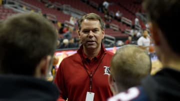 LOUISVILLE, KY - NOVEMBER 12: Vince Tyra, the interim athletic director of Louisville University, speaks to students before the start of the game between the Louisville Cardinals and the George Mason Patriots at KFC YUM! Center on November 12, 2017 in Louisville, Kentucky. (Photo by Bobby Ellis/Getty Images)