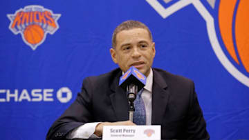GREENBURG, NY - JULY 17: New York Knicks team President, Steve Mills and Jeff Hornacek of the New York Knicks introduce General Manager Scott Perry at a pess conference at the at Knicks Practice Center July 17, 2017 in Greenburg, New York. Copyright 2017 NBAE (Photo by Steven Freeman/NBAE via Getty Images)