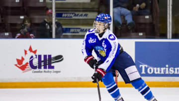 SARNIA, ON - NOVEMBER 02: Tarmo Reunanen #8 of Finland moves the puck against Canada White during the World Under-17 Hockey Challenge on November 2, 2014 at the RBC Centre in Sarnia, Ontario. (Photo by Dennis Pajot/Getty Images)