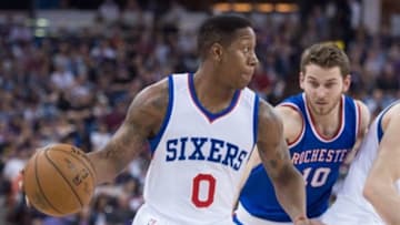 March 24, 2015; Sacramento, CA, USA; Philadelphia 76ers guard Isaiah Canaan (0) dribbles the basketball against Sacramento Kings guard Nik Stauskas (10) during the second quarter at Sleep Train Arena. Mandatory Credit: Kyle Terada-USA TODAY Sports