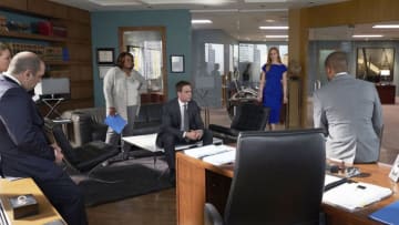 SUITS -- "One Last Con" Episode 910 -- Pictured: (l-r) Rick Hoffman as Louis Litt, Aloma Wright as Gretchen Bodinski, Patrick J. Adams as Mike Ross, Sarah Rafferty as Donna Paulsen -- (Photo by: Shane Mahood/USA Network)