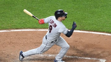 BALTIMORE, MD - JUNE 28 Jordan Luplow #8 of the Cleveland Indians takes a swing during a baseball game against the Baltimore Orioles at Oriole Park at Camden Yards on June 28, 2019 in Baltimore, Maryland. (Photo by Mitchell Layton/Getty Images)