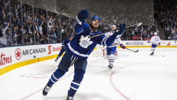TORONTO, ON - OCTOBER 3: Auston Matthews #34 of the Toronto Maple Leafs celebrates his game winning goal during overtime against the Montreal Canadiens at the Scotiabank Arena on October 3, 2018 in Toronto, Ontario, Canada. (Photo by Mark Blinch/NHLI via Getty Images)