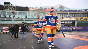 Oct 28, 2023; Edmonton, Alberta, Canada; Edmonton Oilers centre Leon Draisaitl (29 ) walks towards the ice during practice day for the 2023 Heritage Classic ice hockey game at Commonwealth Stadium. Mandatory Credit: Walter Tychnowicz-USA TODAY Sports