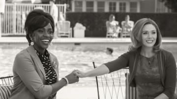 Teyonah Parris as Monica Rambeau and Elizabeth Olsen as Wanda Maximoff in Marvel Studios' WANDAVISION. Photo courtesy of Marvel Studios. ©Marvel Studios 2021. All Rights Reserved.