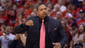 May 3, 2014; Los Angeles, CA, USA; Golden State Warriors coach Mark Jackson reacts against the Los Angeles Clippers in game seven of the first round of the 2014 NBA Playoffs at Staples Center. Mandatory Credit: Kirby Lee-USA TODAY Sports