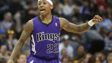 Feb 23, 2014; Denver, CO, USA; Sacramento Kings guard Isaiah Thomas (22) reacts during the first half against the Denver Nuggets at Pepsi Center. Mandatory Credit: Chris Humphreys-USA TODAY Sports