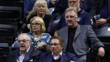 Oct 29, 2014; Indianapolis, IN, USA; (From left to right) Indiana Pacers general manager Donnie Walsh, owner Herb Simon, and president Larry Bird watch a game against the Philadelphia 76ers at Bankers Life Fieldhouse. Mandatory Credit: Brian Spurlock-USA TODAY Sports