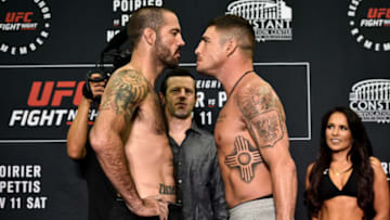 NORFOLK, VA - NOVEMBER 10: (L-R) Matt Brown and Diego Sanchez face off during the UFC Fight Night Weigh-in on November 10, 2017 in Norfolk, Virginia. (Photo by Brandon Magnus/Zuffa LLC/Zuffa LLC via Getty Images)