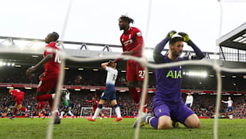 LIVERPOOL, ENGLAND - MARCH 31: Hugo Lloris of Tottenham Hotspur shows his dejection after team mate Toby Alderweireld (out of pic) scores an own goal giving a last minute victory to Liverpool during the Premier League match between Liverpool FC and Tottenham Hotspur at Anfield on March 31, 2019 in Liverpool, United Kingdom. (Photo by Clive Brunskill/Getty Images)
