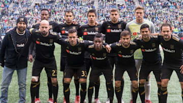 SEATTLE, WA - MARCH 4: The Los Angeles FC starting lineup poses for a photos before a match against the Seattle Sounders at CenturyLink Field on March 4, 2018 in Seattle, Washington. Los Angeles FC won 1-0. (Photo by Stephen Brashear/Getty Images)