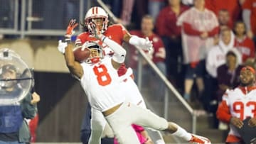 Oct 15, 2016; Madison, WI, USA; Ohio State Buckeyes cornerback Gareon Conley (8) breaks up the pass intended for Wisconsin Badgers wide receiver Robert Wheelwright (15) during the fourth quarter at Camp Randall Stadium. Ohio State won 30-23. Mandatory Credit: Jeff Hanisch-USA TODAY Sports