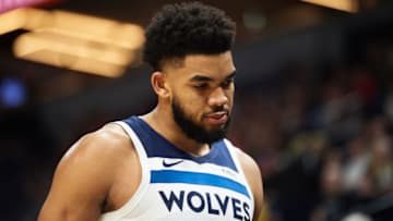 MINNEAPOLIS, MN - MARCH 26: Karl-Anthony Towns #32 of the Minnesota Timberwolves. (Photo by Hannah Foslien/Getty Images)