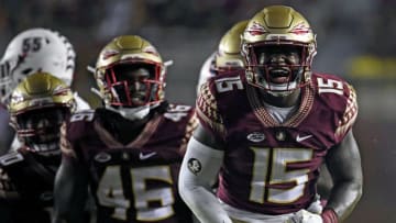 Aug 27, 2022; Tallahassee, Florida, USA; Florida State Seminoles linebacker Tatum Bethune (15) celebrates after a play against the Duquesne Dukes during the second half at Doak S. Campbell Stadium. Mandatory Credit: Melina Myers-USA TODAY Sports