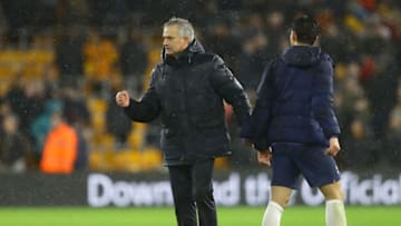 WOLVERHAMPTON, ENGLAND - DECEMBER 15: Jose Mourinho, Manager of Tottenham Hotspur celebrates following the Premier League match between Wolverhampton Wanderers and Tottenham Hotspur at Molineux on December 15, 2019 in Wolverhampton, United Kingdom. (Photo by Richard Heathcote/Getty Images)