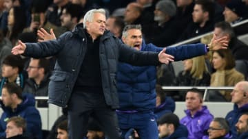 Tottenham Hotspur's Portuguese head coach Jose Mourinho (L) and his assistant react on the touchline during the English Premier League football match between Tottenham Hotspur and Chelsea at Tottenham Hotspur Stadium in London, on December 22, 2019. (Photo by Glyn KIRK / IKIMAGES / AFP) / RESTRICTED TO EDITORIAL USE. No use with unauthorized audio, video, data, fixture lists, club/league logos or 'live' services. Online in-match use limited to 45 images, no video emulation. No use in betting, games or single club/league/player publications. (Photo by GLYN KIRK/IKIMAGES/AFP via Getty Images)