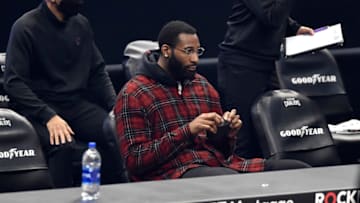 Feb 19, 2021; Cleveland, Ohio, USA; Cleveland Cavaliers center Andre Drummond (3) sits on the bench before a game against the Denver Nuggets in the first quarter at Rocket Mortgage FieldHouse. Mandatory Credit: David Richard-USA TODAY Sports