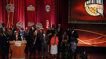 Sep 09, 2016; Springfield, MA, USA; Shaquille O'Neal and Allen Iverson on stage at the Springfield Symphony Hall after the 2016 Naismith Memorial Basketball Hall of Fame Enshrinement Ceremony. Mandatory Credit: David Butler II-USA TODAY Sports
