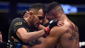 LAS VEGAS, NV - OCTOBER 07: (R-L) Kevin Lee congratulates Tony Ferguson after his submission victory in their interim UFC lightweight championship bout during the UFC 216 event inside T-Mobile Arena on October 7, 2017 in Las Vegas, Nevada. (Photo by Brandon Magnus/Zuffa LLC/Zuffa LLC via Getty Images)