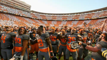 Sep 24, 2016; Knoxville, TN, USA; The Tennessee Volunteers celebrate after a victory over the Florida Gators at Neyland Stadium. Tennessee won 38 to 28. Mandatory Credit: Randy Sartin-USA TODAY Sports