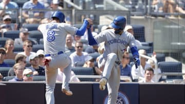 NEW YORK, NEW YORK - JULY 13: Lourdes Gurriel Jr. #13 and Cavan Biggio #8 of the Toronto Blue Jays celebrate after both scored during the sixth inning against the New York Yankees at Yankee Stadium on July 13, 2019 in New York City. (Photo by Jim McIsaac/Getty Images)