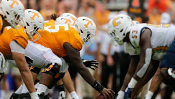 KNOXVILLE, TENNESSEE - SEPTEMBER 14: The Tennessee Volunteers offensive line faces the Chattanooga Mockingbirds during the second quarter at Neyland Stadium on September 14, 2019 in Knoxville, Tennessee. (Photo by Silas Walker/Getty Images)